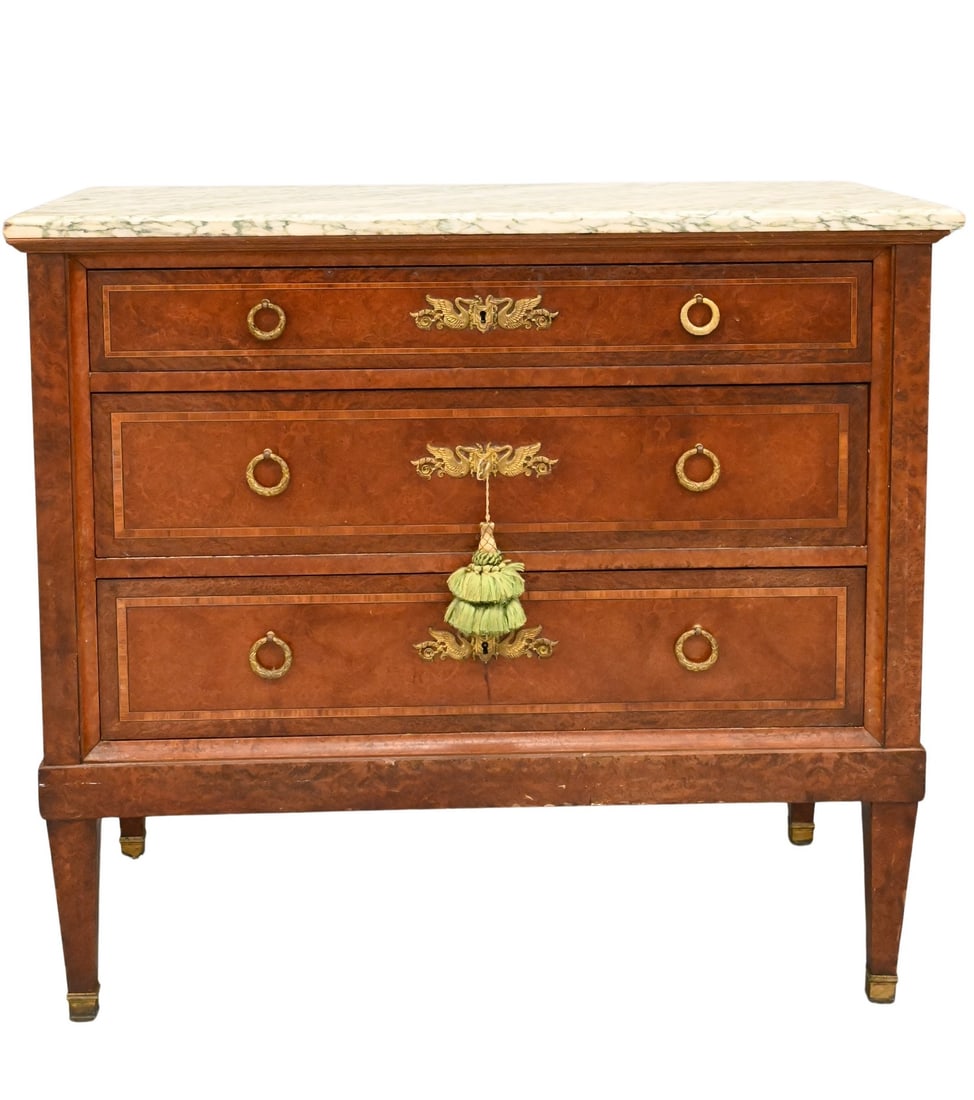 Louis XVI Style Marble Top Commode: Louis XVI Style Marble Top Commode having three burlwood drawers with line inlay all raised on square tapered legs height 35 inches, top 20 1/2" x 39 1/2" Provenance: Thomas F. Vanderbeck Revocable Tr