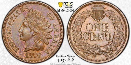 1877 PCGS MS62BN Indian Head Cent