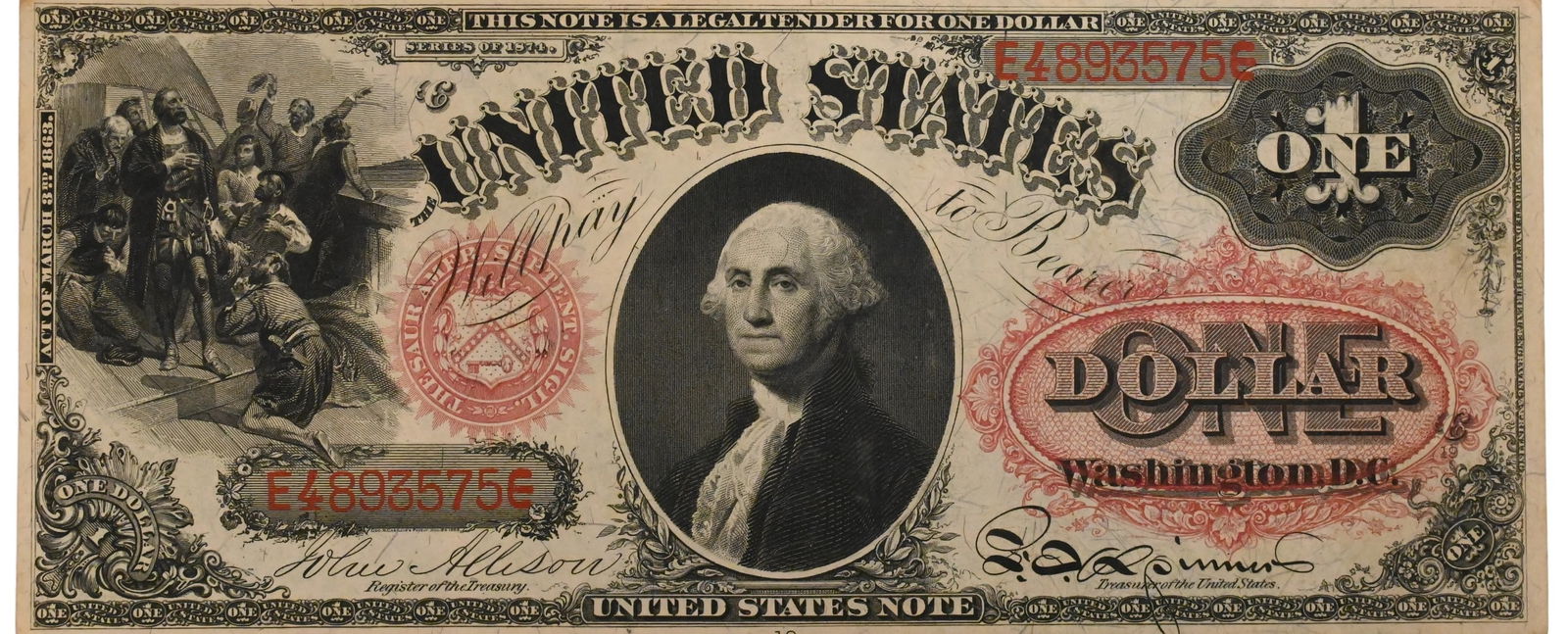 1874 Series FR19 1 Dollar Bill AU/UNC (1 of 2)
