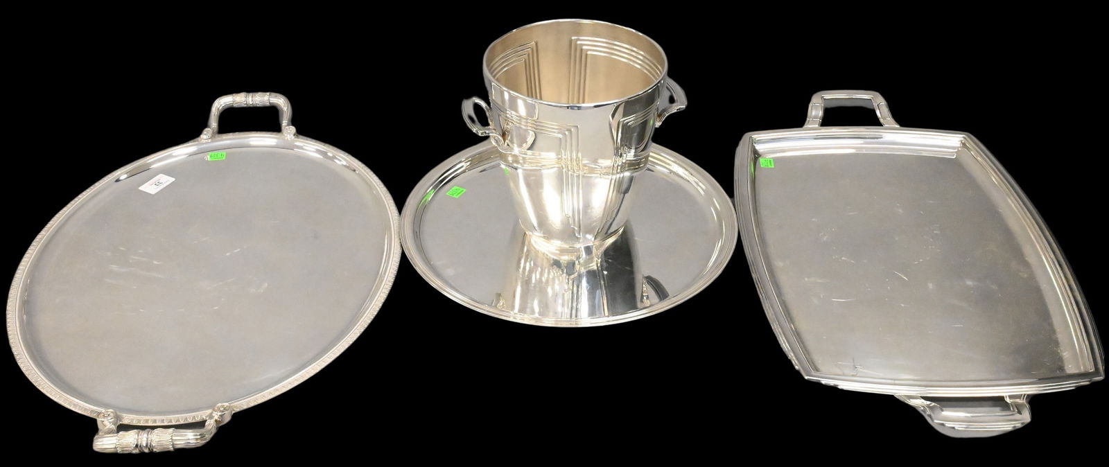 Four Piece Group of Silverplate: Four Piece Group of Silverplate to include Christofle oval handled tray, Christofle round tray, Ricci Argentieri wine bucket and tray tray length 25 inches