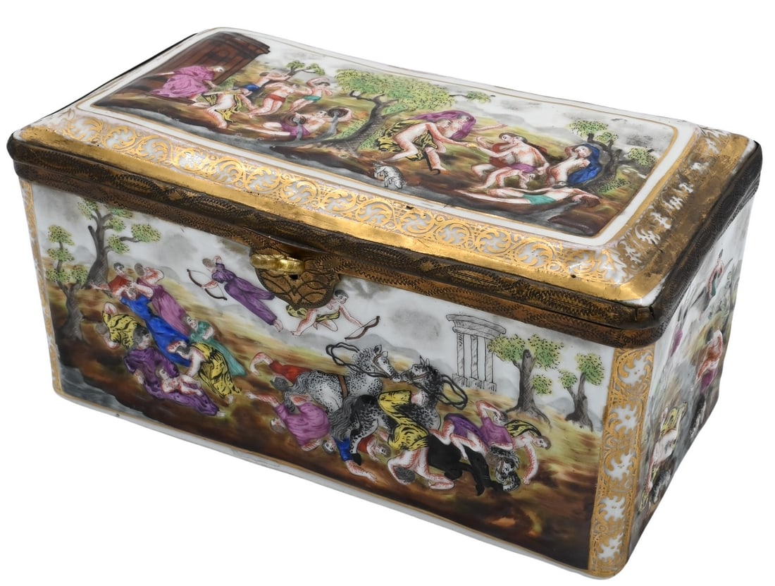 Capodimonte Hinged Covered Box having Embossed Figures: Capodimonte Hinged Covered Box having Embossed Figures height 4 inches, top 4 1/8" x 7 1/2" Provenance: Thomas F. Vanderbeck Revocable Trust Haddam, Connecticut