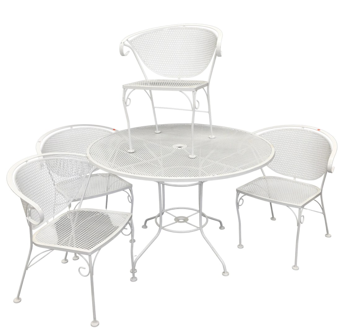 Six Piece Metal Mesh Round Table with Umbrella and Four Chairs (1 of 5)