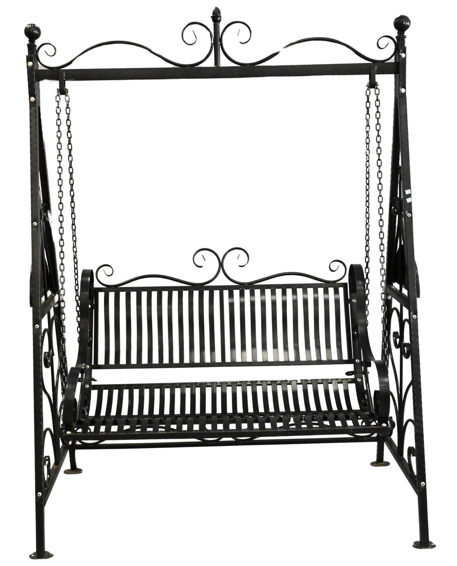 Steel Swing on Chains: Steel Swing on Chains newly painted with black finish height 82 inches, width 61 inches Provenance: From Collection of Steven and Paula Schimmel Woodstock, Connecticut