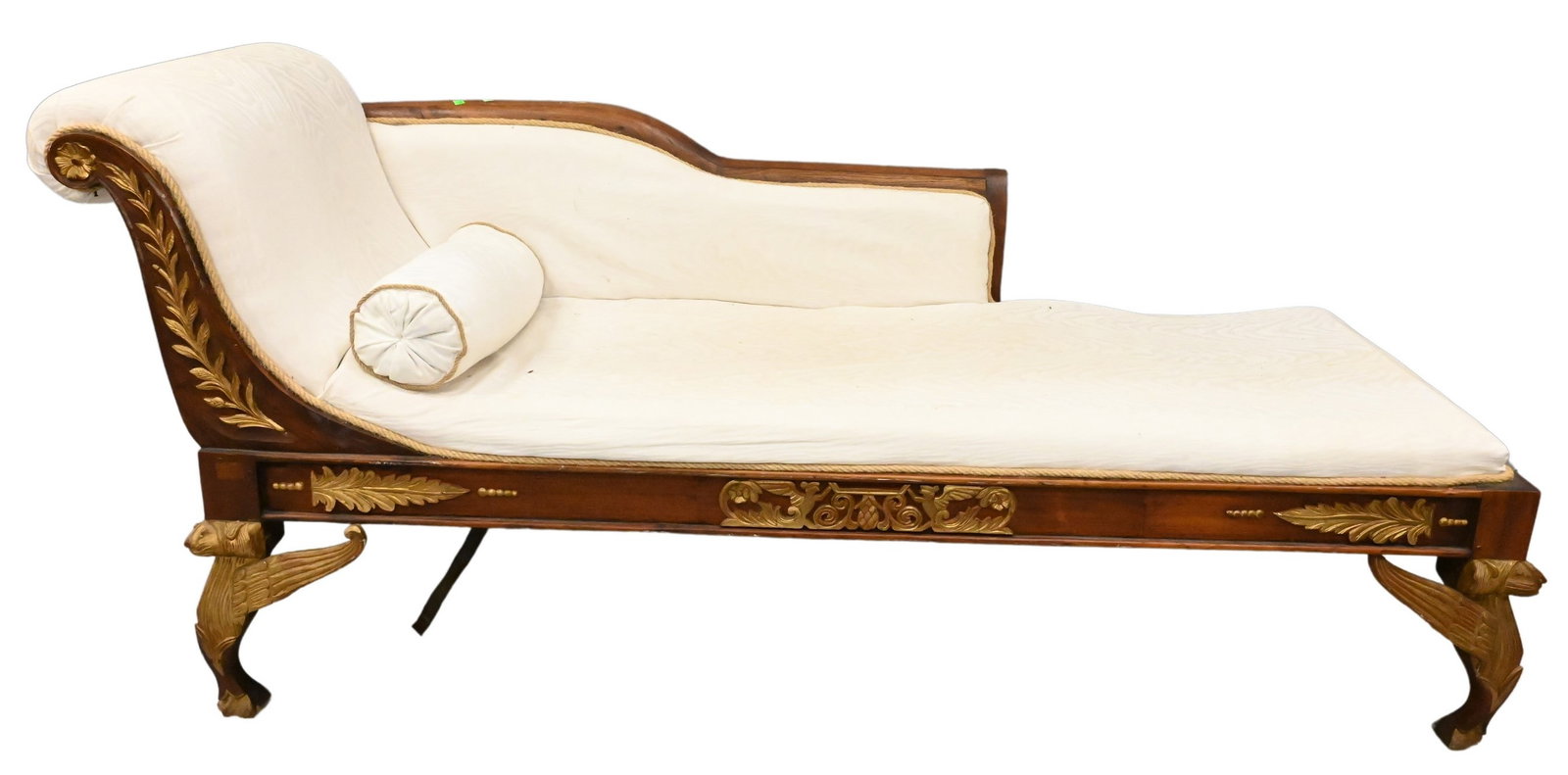 Continental Mahogany Recamier: Continental Mahogany Recamier four carved gilt winged lion legs and carved gilt decoration, likely 19th century height 34 inches, length 70 inches, depth 28 inches