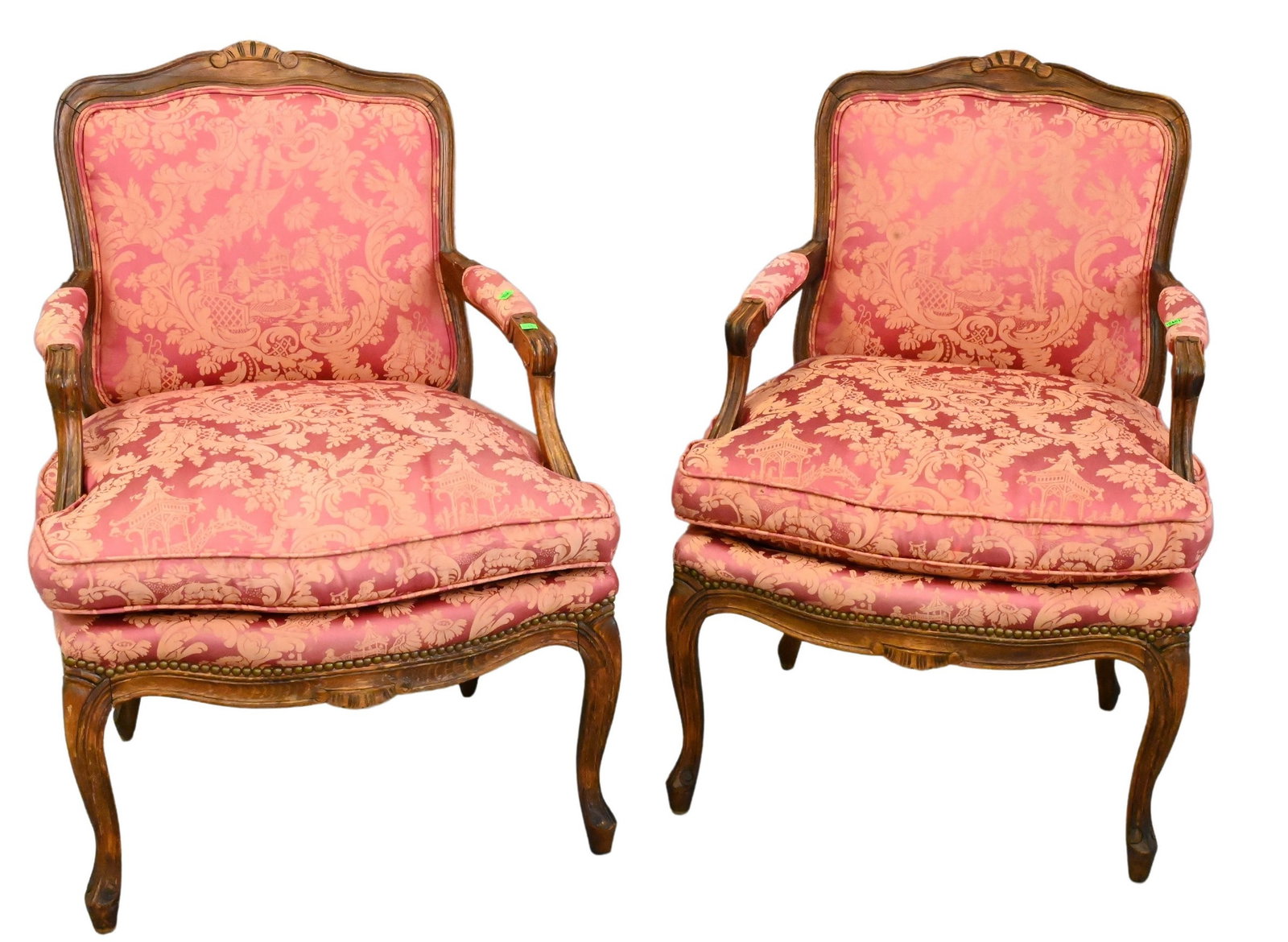 Pair of Louis XV Style Open Armchairs having Custom SIlk Upholstery: Pair of Louis XV Style Open Armchairs having Custom SIlk Upholstery height 36 inches