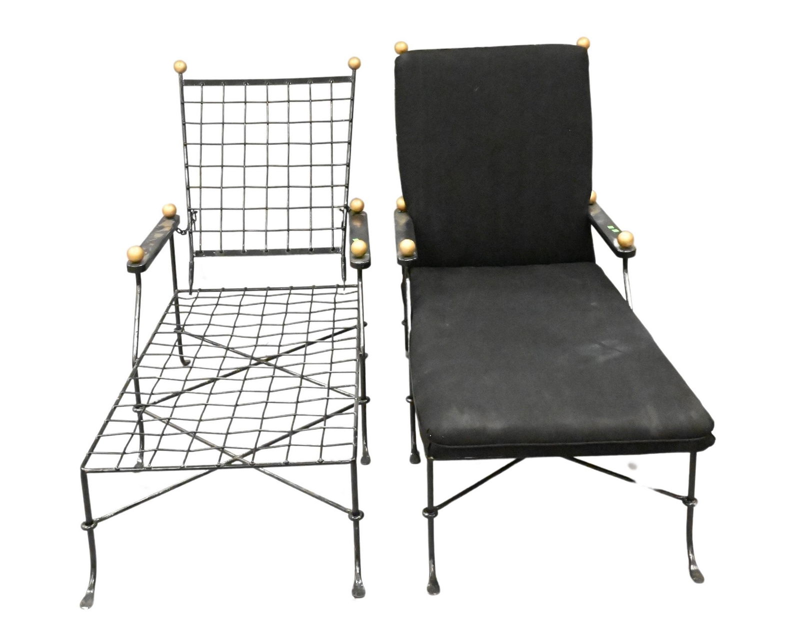 Pair of Outdoor Chaises in the Style of Mario Papperzini for J. Salterini "Amalfi": Pair of Outdoor Chaises in the Style of Mario Papperzini for J. Salterini "Amalfi" wrought iron woven design having brass ball finials and chains for adjustable back along with black cushions height 4