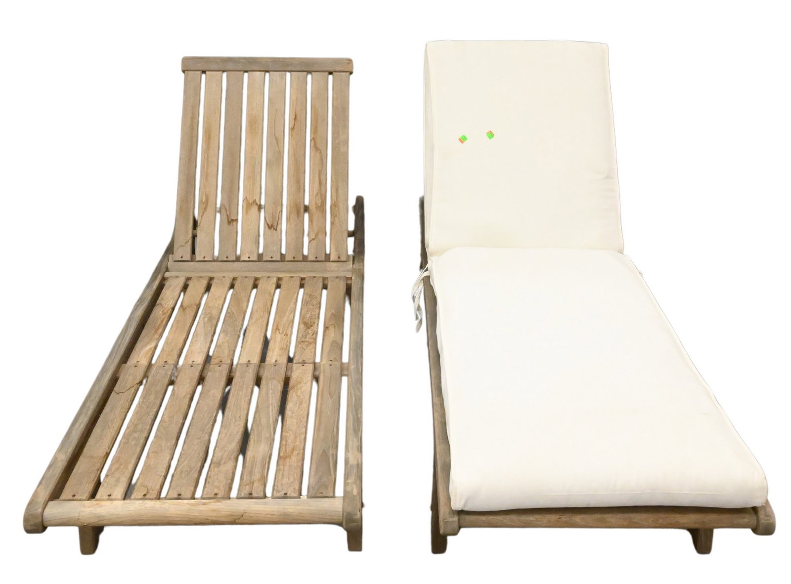 Kingsley Bate Pair of Teak Lounges: Kingsley Bate Pair of Teak Lounges having custom cushions, wheels, and adjustable heads length 77 inches