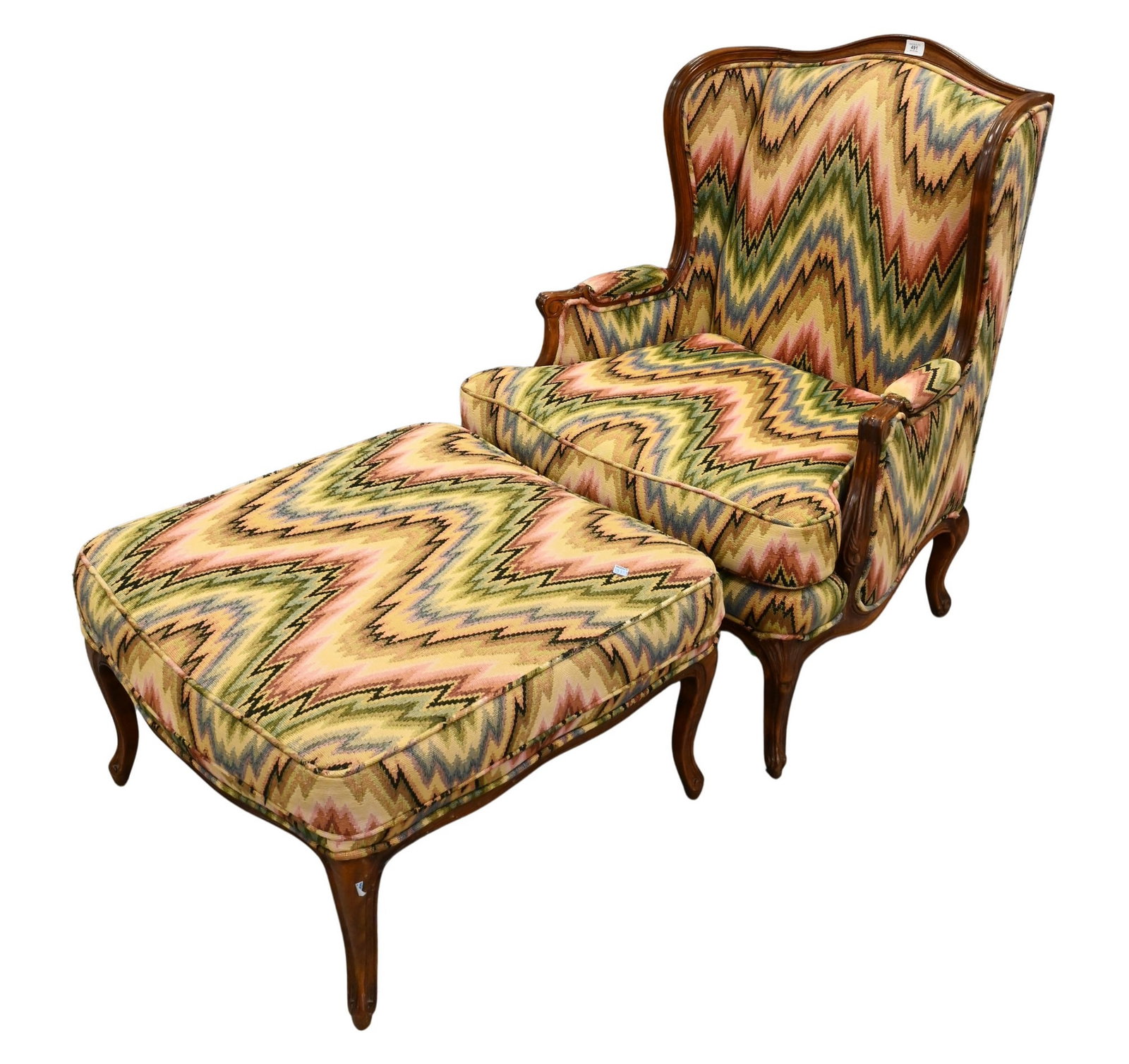 Louis XV Style Armchair and Ottoman having Custom Upholstery: Louis XV Style Armchair and Ottoman having Custom Upholstery height 41 inches Provenance: From Collection of Steven and Paula Schimmel Woodstock, Connecticut
