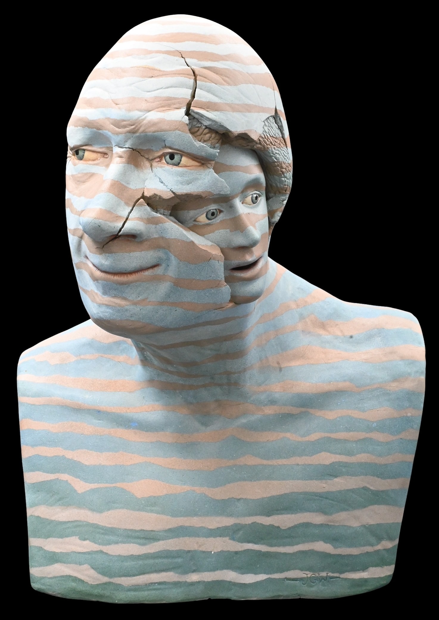 John Woodward Painted Ceramic Bust: John Woodward Painted Ceramic Bust of a man with another child's head initialed JCW height 21 1/2 inches, width 17 inches Provenance: Gentlemen's Estate Watch Hill, Rhode Island