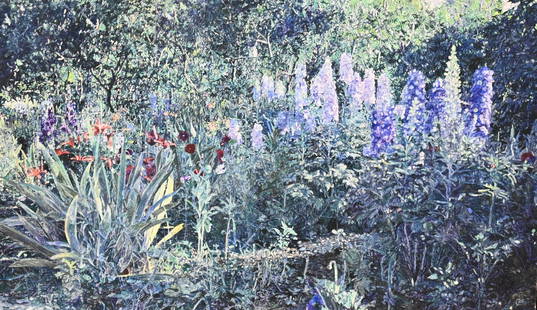 William Nichols (American B. 1942): William Nichols (American B. 1942) "Northern Afternoon (Delphiniums)", 1999 Oil on linen Signed lower left "WM Nichols" 48" x 82" Provenance: Stroock & Stroock & Lavan Condition: Overall good conditio