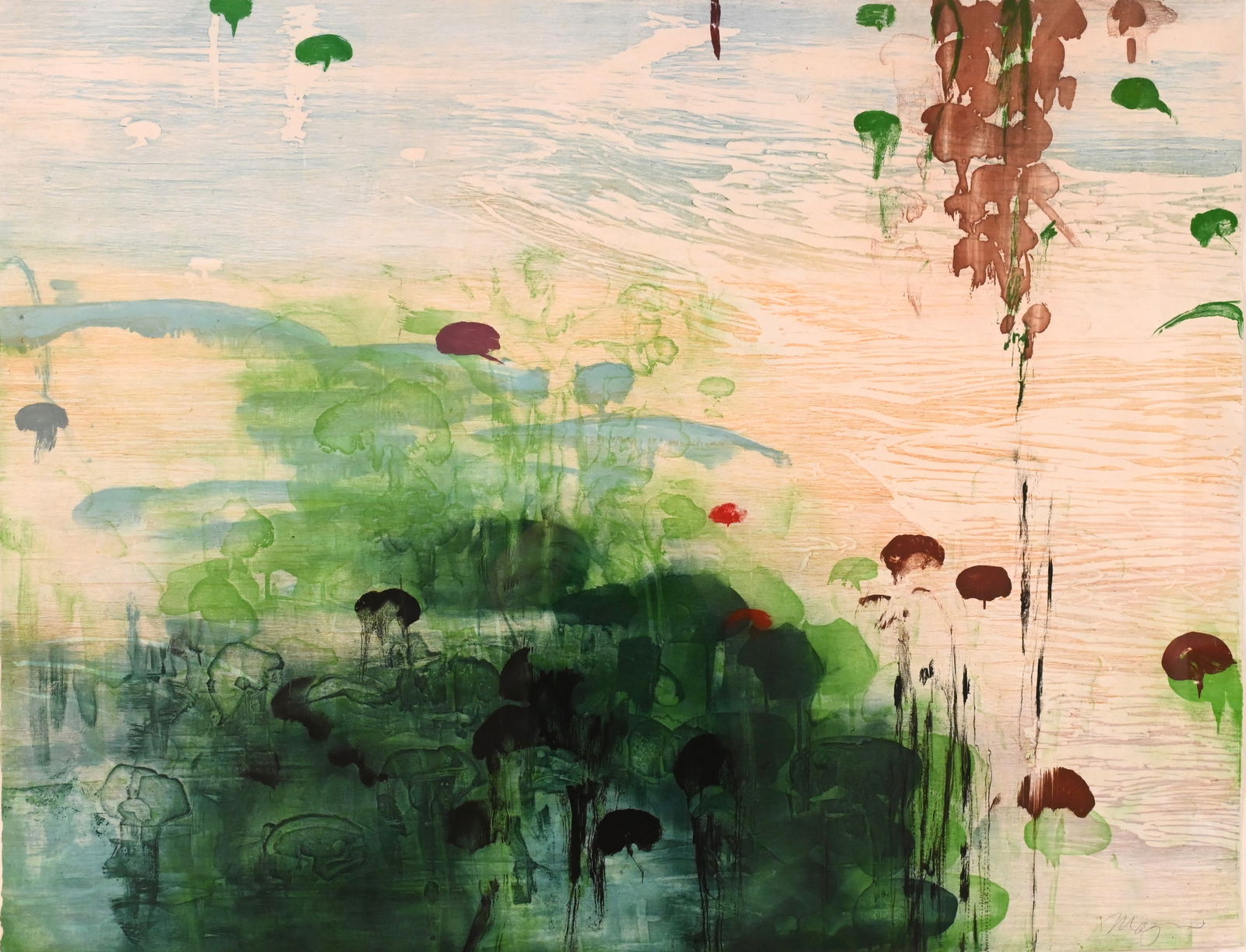 Michael Mazur (American 1935-2009): Michael Mazur (American 1935-2009) "Pond Edge III", 2000 Aquatint etching, edition 7/20 Signed lower right Maz 30" x 24" Provenance: Stroock & Stroock & Lavan Condition: Overall good condition, scatte