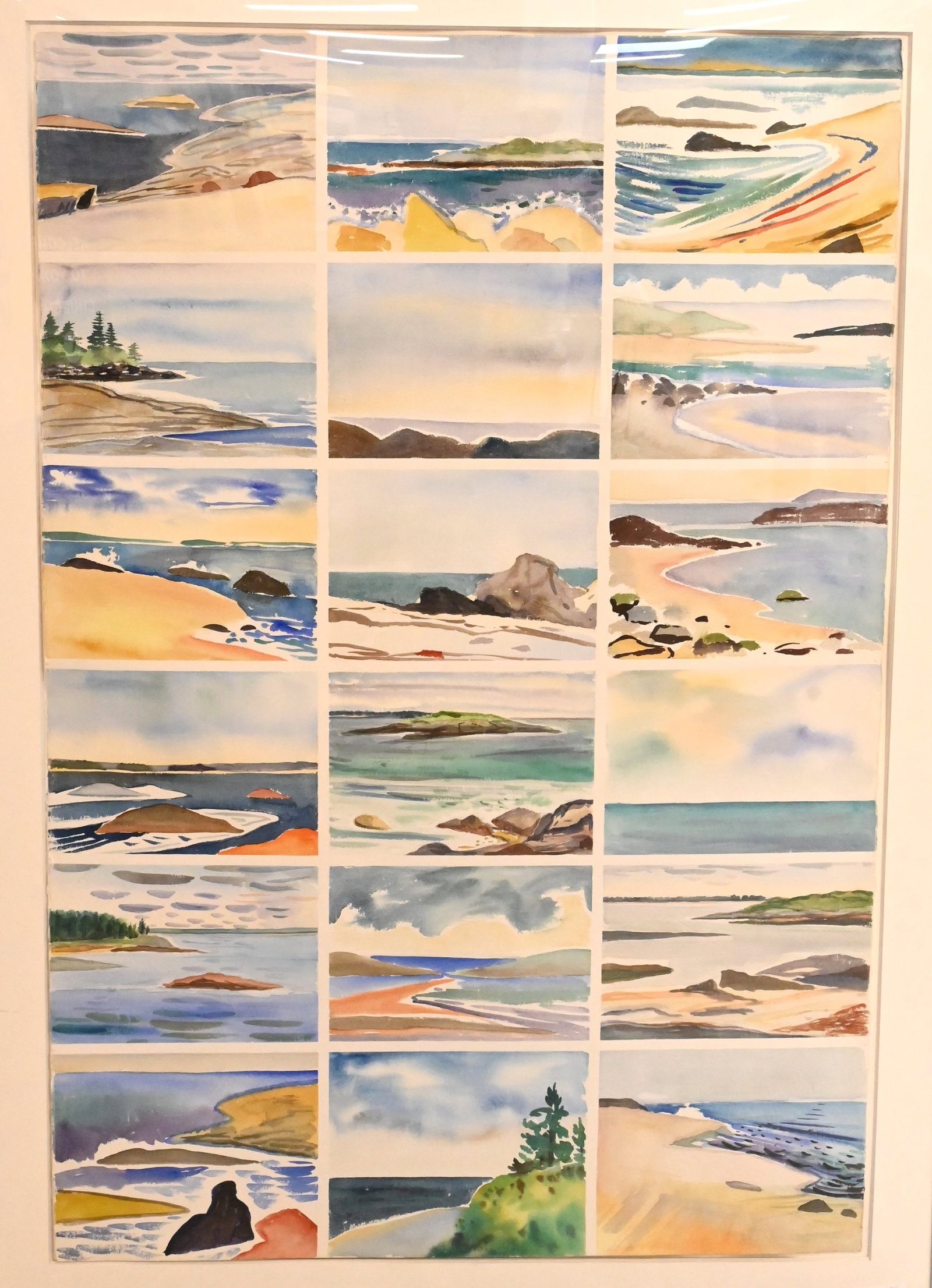 Lucy Sallick (American B. 1937): Lucy Sallick (American B. 1937) Various pond landscapes having 18 individual scenes Watercolor on paper 40" x 59 1/2" Provenance: Stroock & Stroock & Lavan Condition: Overall good condition, slight un