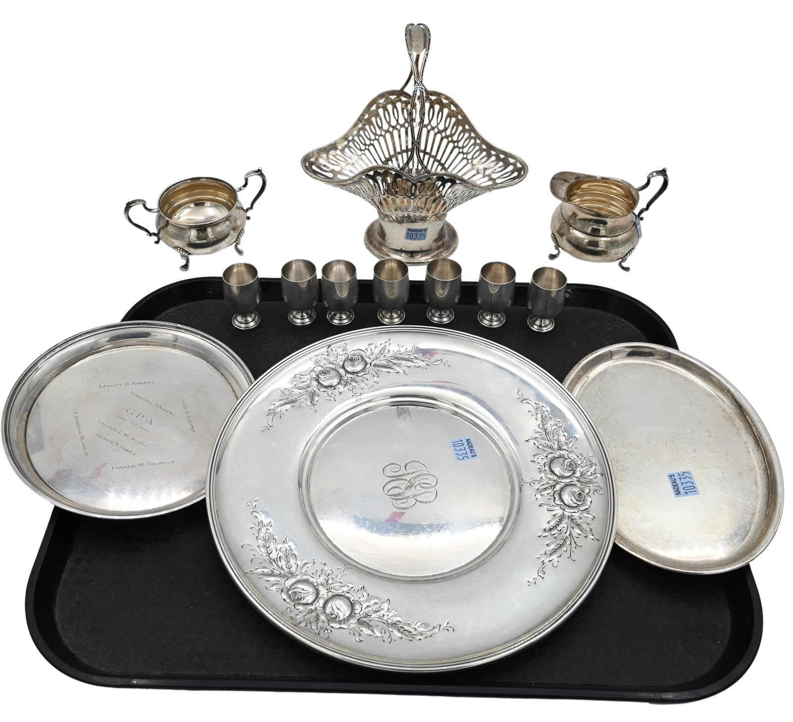 Group of Sterling Silver: Group of Sterling Silver to include pierced basket, round tray, small cups, small tray, creamer and sugar basket height 8 3/4 inches, 40.0 t.oz.