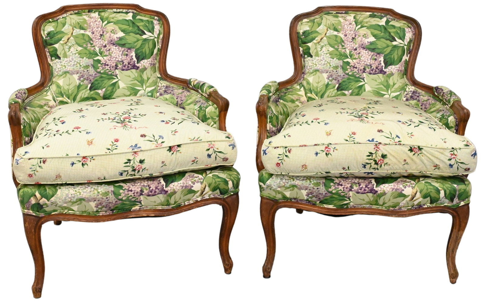 Pair of Louis XV Style Armchairs: Pair of Louis XV Style Armchairs having custom upholstery, one cushion stained height 31 inches, width 27 1/2 inches Provenance: From Collection of Steven and Paula Schimmel Woodstock, Connecticut