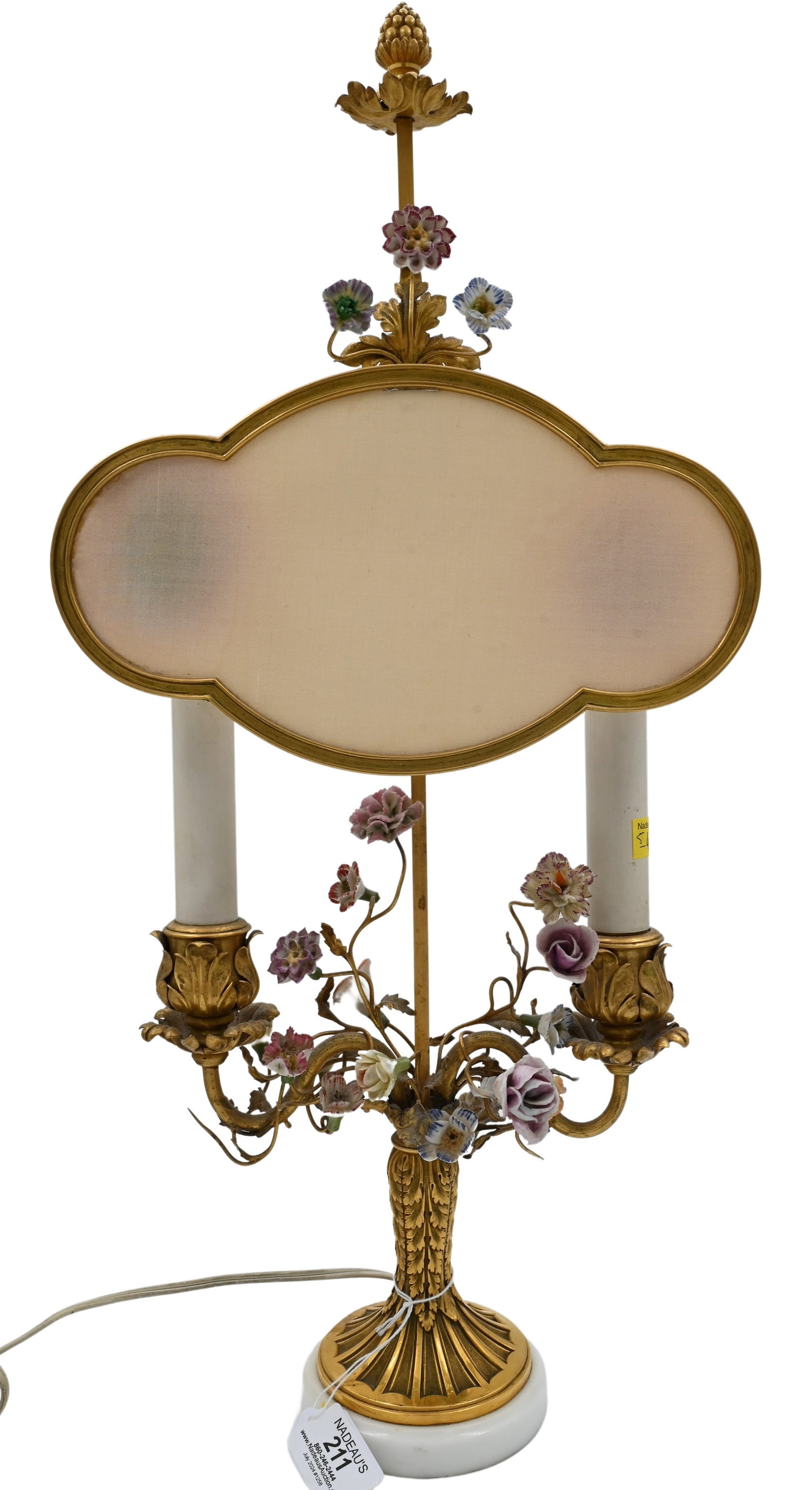 Louis XV Style Candelabra: Louis XV Style Candelabra having two brass arms and porcelain flowers height 23 inches