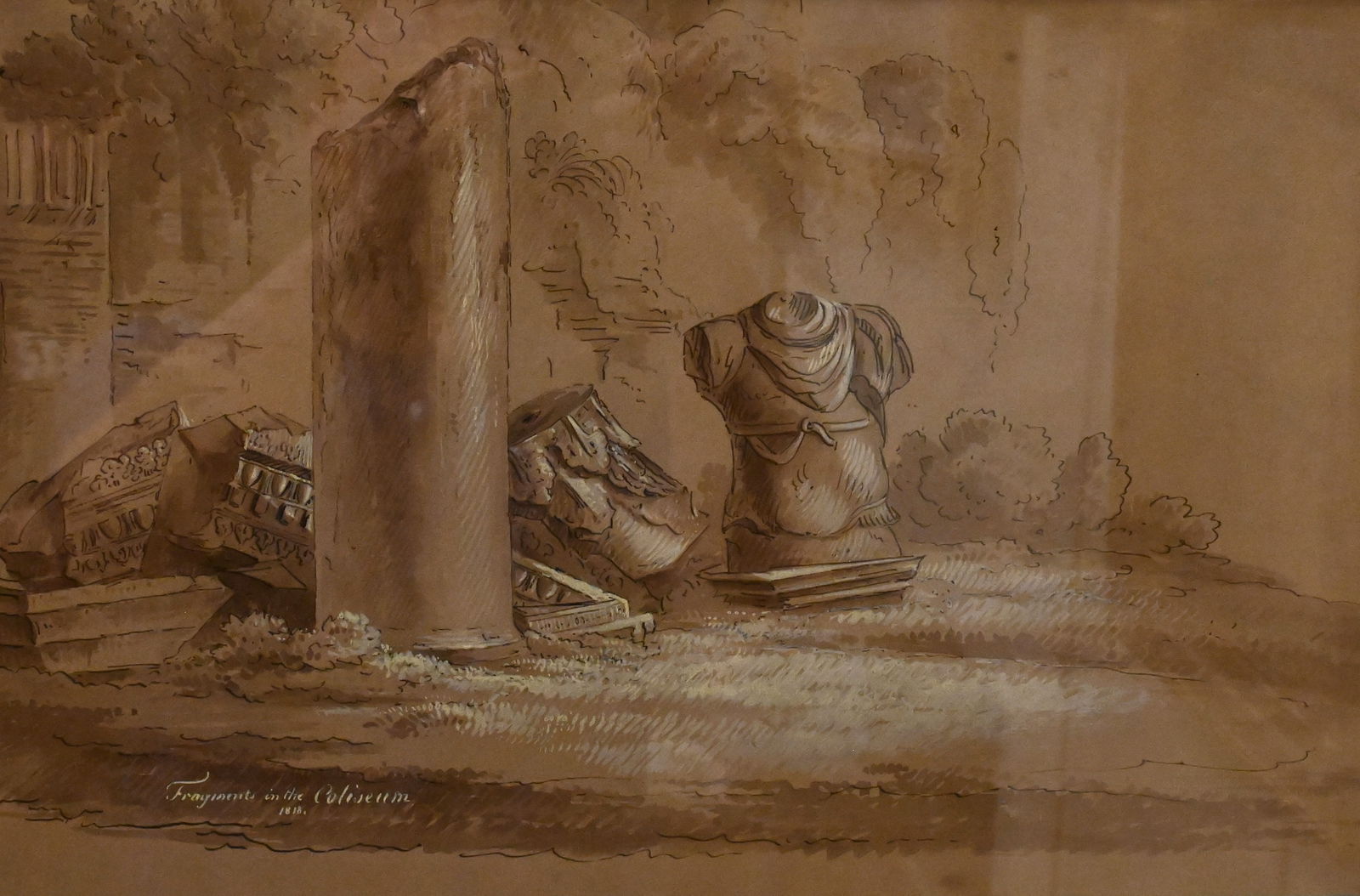 Continental School (19th Century): Continental School (19th Century) "Fragments in the Coliseum", 1818 Brown ink and gouache on paper Titled and dated lower left 10" x 16 1/2" Provenance: Kennedy Galleries, Inc. New York, New York