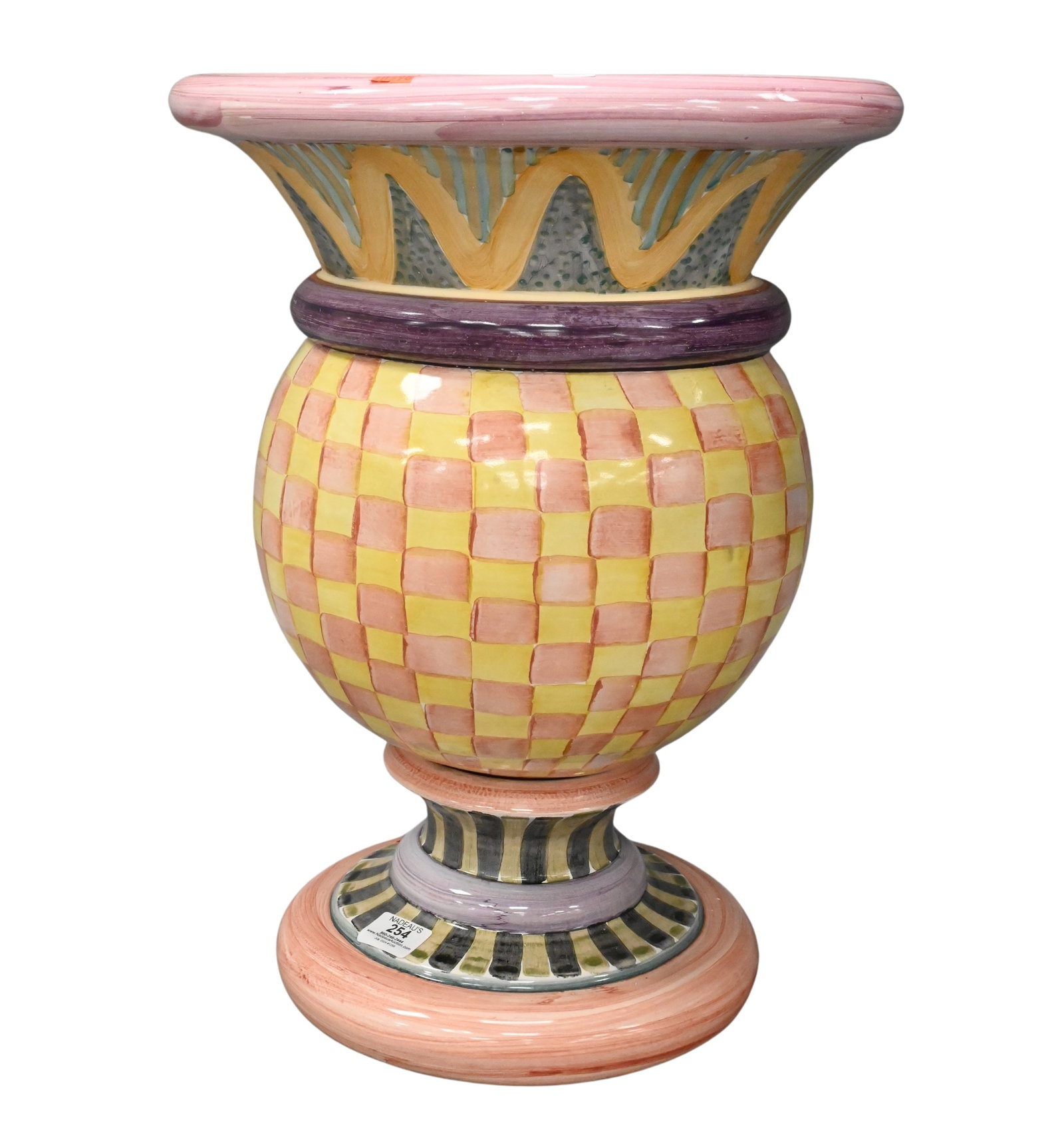 Mackenzie Childs Bodacious Urn Planter: Mackenzie Childs Bodacious Urn Planter in two parts, chip to underside height 21 inches