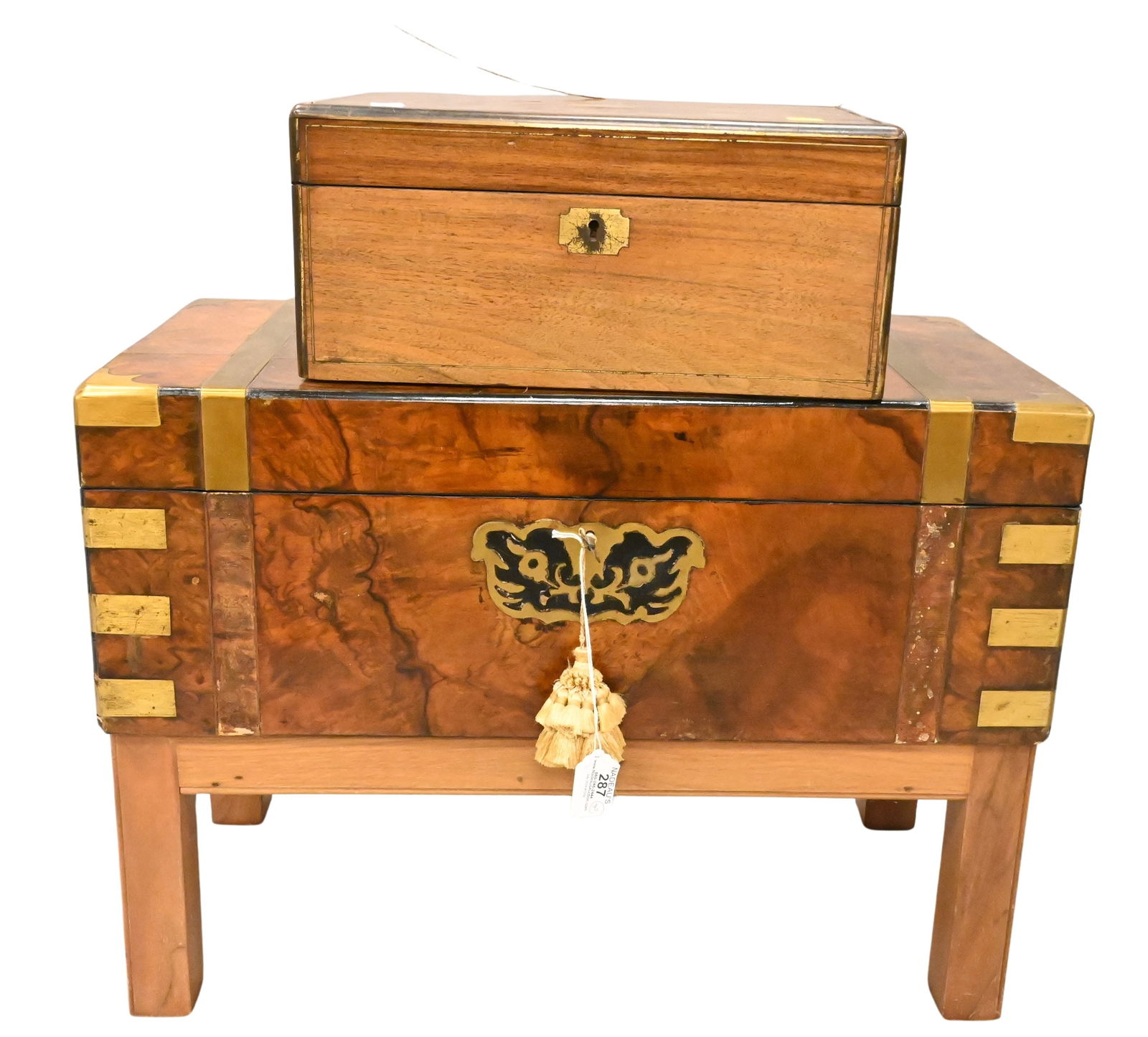 Two 19th Century Lap/Writing Desks: Two 19th Century Lap/Writing Desks to include burlwood lap desk on new base having brass bindings and leather writing surface, along with brass inlaid lap desk having lift top to tooled leather writin