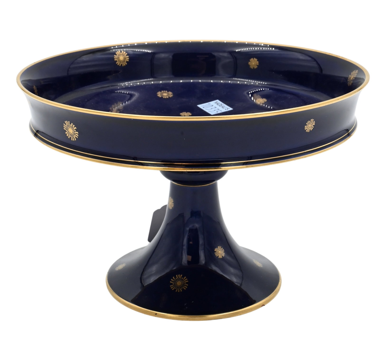 Sevres Cobalt Blue Compote: Sevres Cobalt Blue Compote gilt floral motif raised on pedestal base marked "Sevres Manufacture National France 6" height 5 1/2 inches, diameter 8 1/4 inches