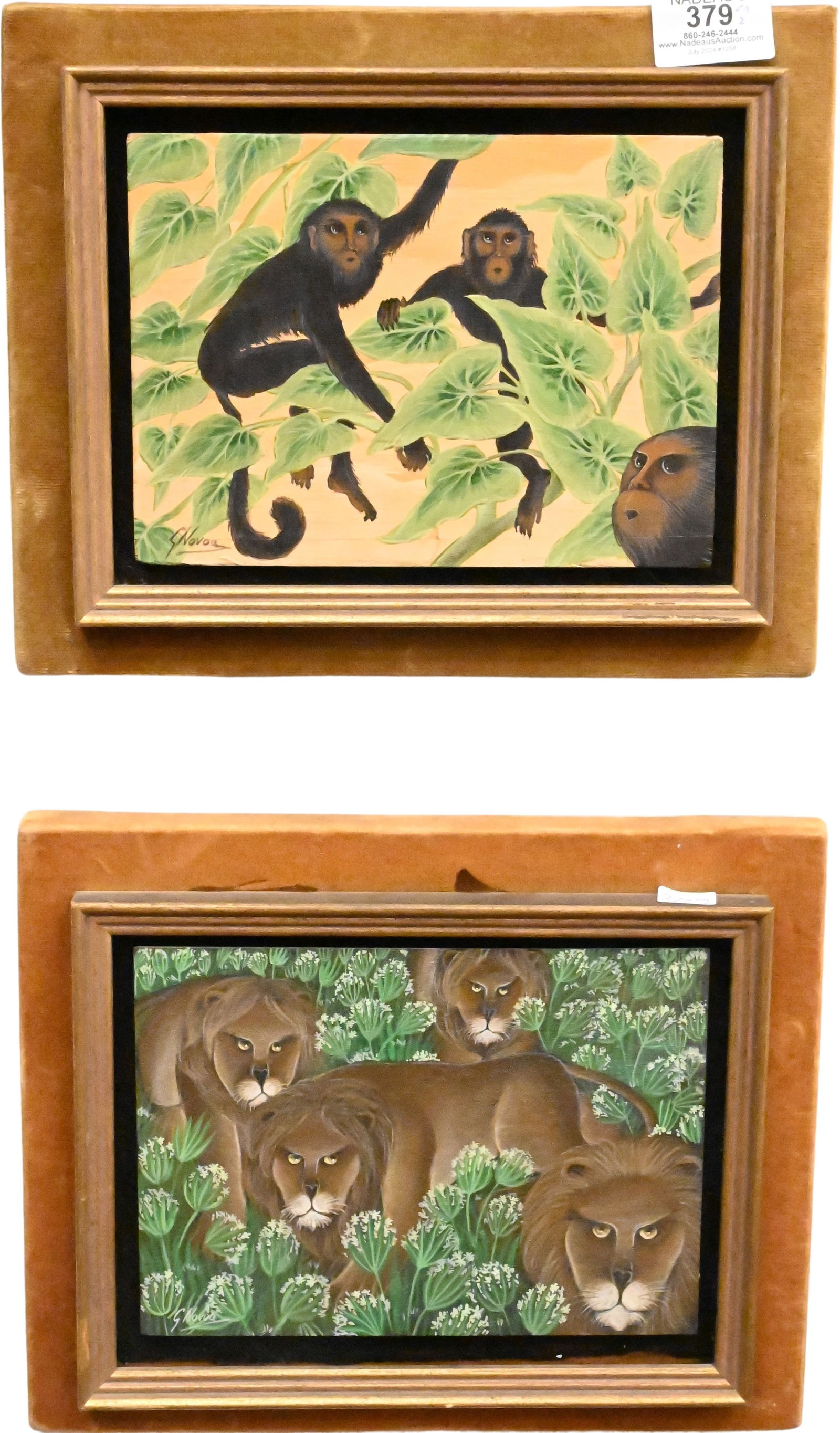 Two: Gustavo Novoa (Chilean B. 1941): Two: Gustavo Novoa (Chilean B. 1941) Four Lions in the Grass Oil on board Signed lower left "G Novoa" 5 1/2" x 7 1/2" Three Monkeys Oil on canvas Signed lower left "G Novoa" 5 1/2" x 7 1/2" Provenance