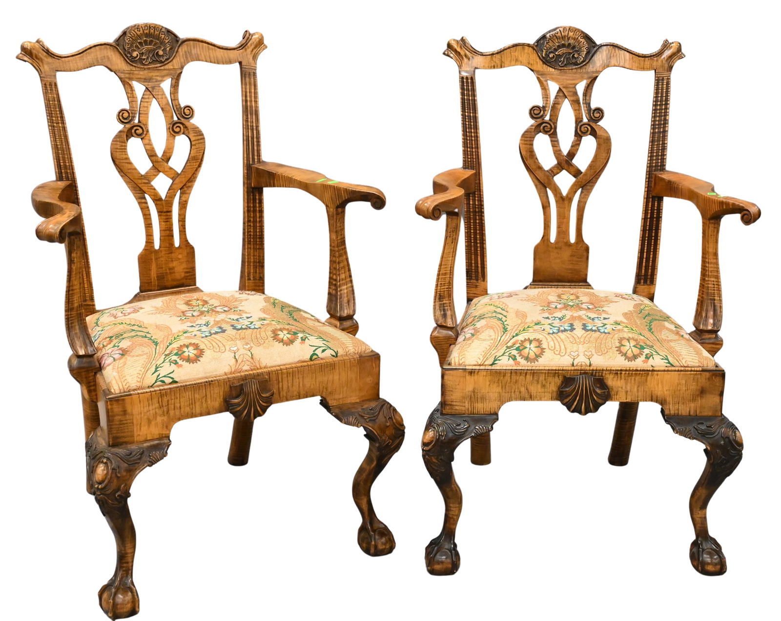 Pair of Benchmade Tiger Maple Chippendale Style Armchairs (1 of 5)