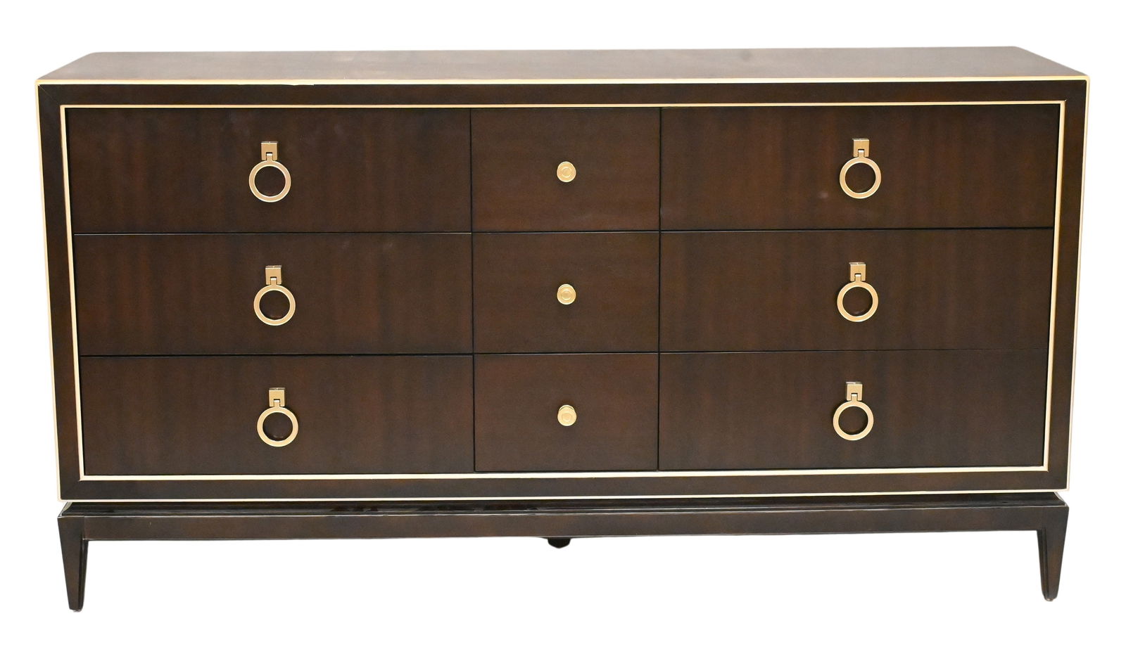 Ethan Allen "Powell" Double Dresser: Ethan Allen "Powell" Double Dresser having three smaller drawers flanked by six larger drawers, with metal circular pulls retails for $3,850 height 36 inches, length 68 inches, depth 20 inches