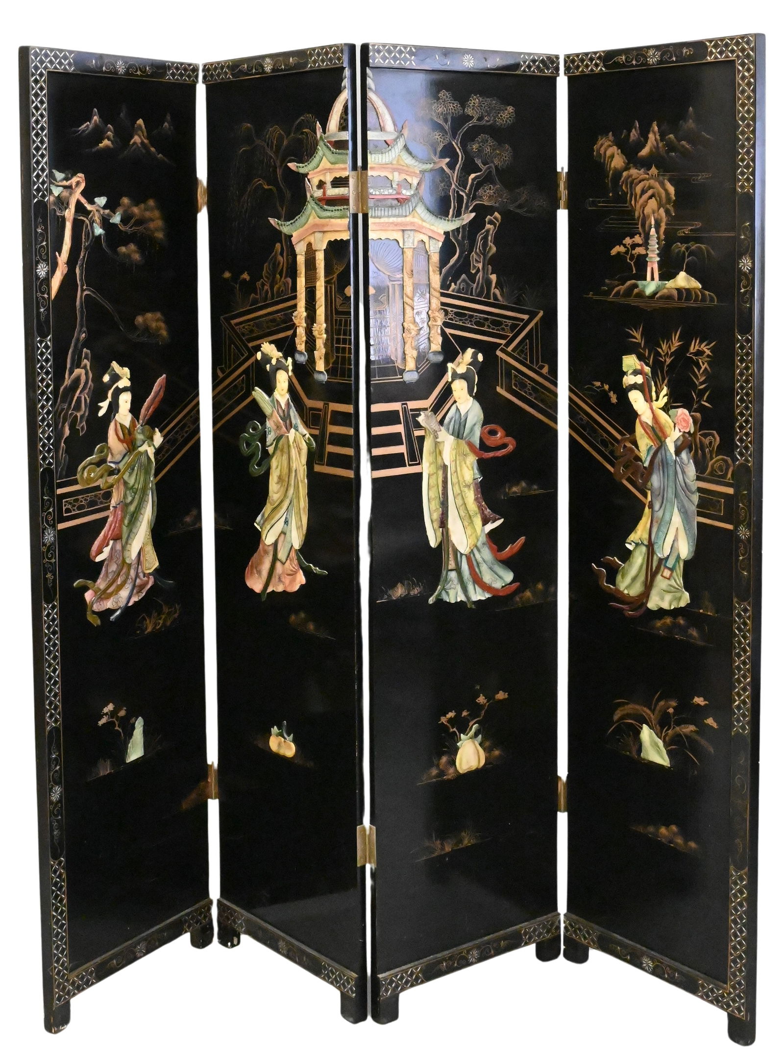 Chinese Four Fold Screen with Hardstone Figures (1 of 4)