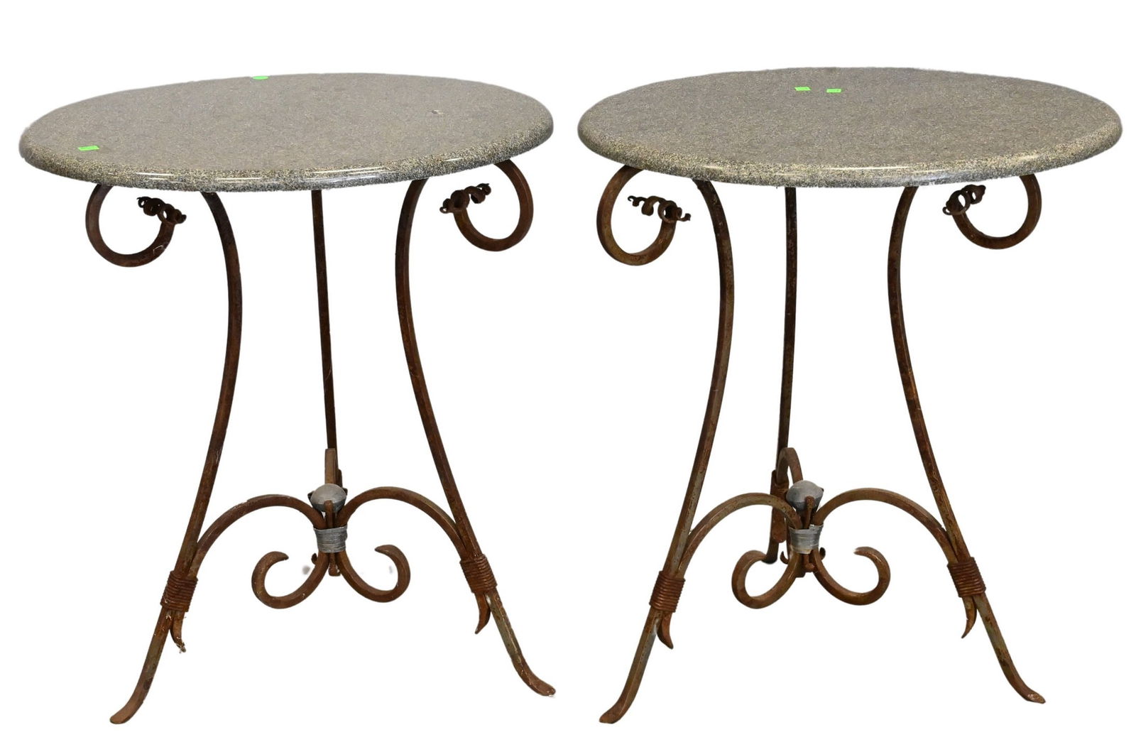 Two Pairs of Granite Top Tables having Iron Bases: Two Pairs of Granite Top Tables having Iron Bases height 27 inches, diameter 24 inches