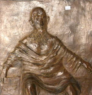 David Aronson (American 1923-2015): David Aronson (American 1923-2015) Moses and the 10 Commandments Patinated Bronze Wall Plaque Marked on verso "I/VIII" 14" x 13 1/2"