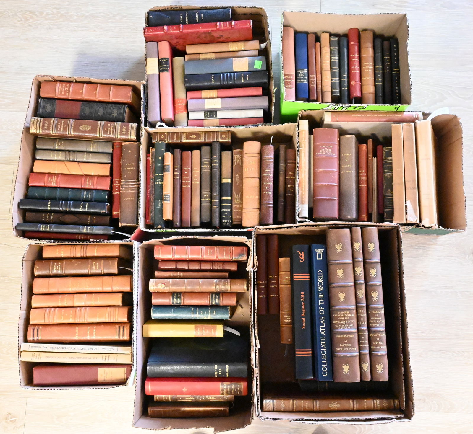 Eight Box Lots of Mostly French Leather Bound Books: Eight Box Lots of Mostly French Leather Bound Books to include Ecole Centrale Des Arts et Manufactures, 1829-1929 Histoire des Francois by Gaxotte Le Coeur et Le Sang by Bordeaux Romantisme et l'Art,