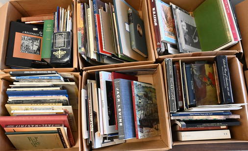 Six Boxes of Art Reference Books and Catalogs: Six Boxes of Art Reference Books and Catalogs artists to include Seymour Lipton, Jack Levine, Paul Manship, Reginald Marsh, Rico Lebrun, and John H.B. Latrone Provenance: Kennedy Galleries, Inc. New Y