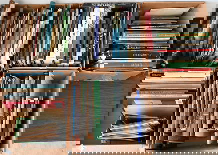 Five Boxes of Art Reference Books and Catalogs: Five Boxes of Art Reference Books and Catalogs artists to include J. Alden Weir, Grant Wood, John Storrs and Max Weber, along with edition 236/275 of Architectural Watercolors and Etchings of W. Walco