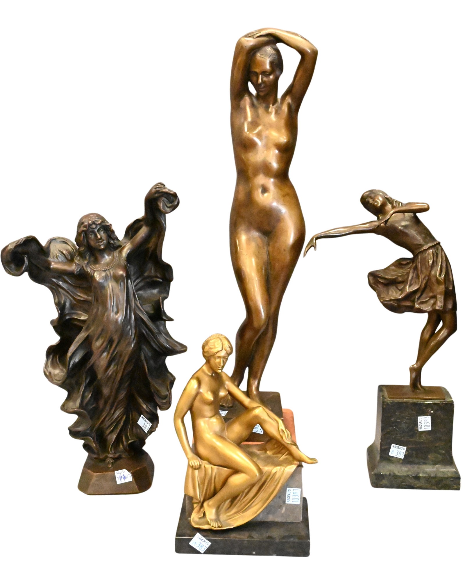 Four Bronze Figures: Four Bronze Figures to include Hella Unger (Austrian 19th/20th century) "Tanzerin" Dancer Patinated bronze on marble base Signed Gilt bronze classical nude woman on marble base Inscribed "Goding" Art 