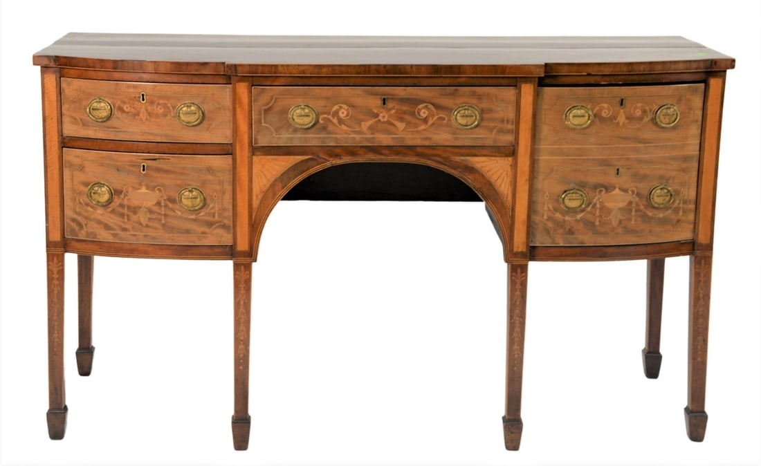 George III Mahogany Sideboard: George III Mahogany Sideboard having urn and marquetry inlays with one bottom drawer set on square tapered legs, 19th century, front sun faded height 31 inches, top 22" x 64"