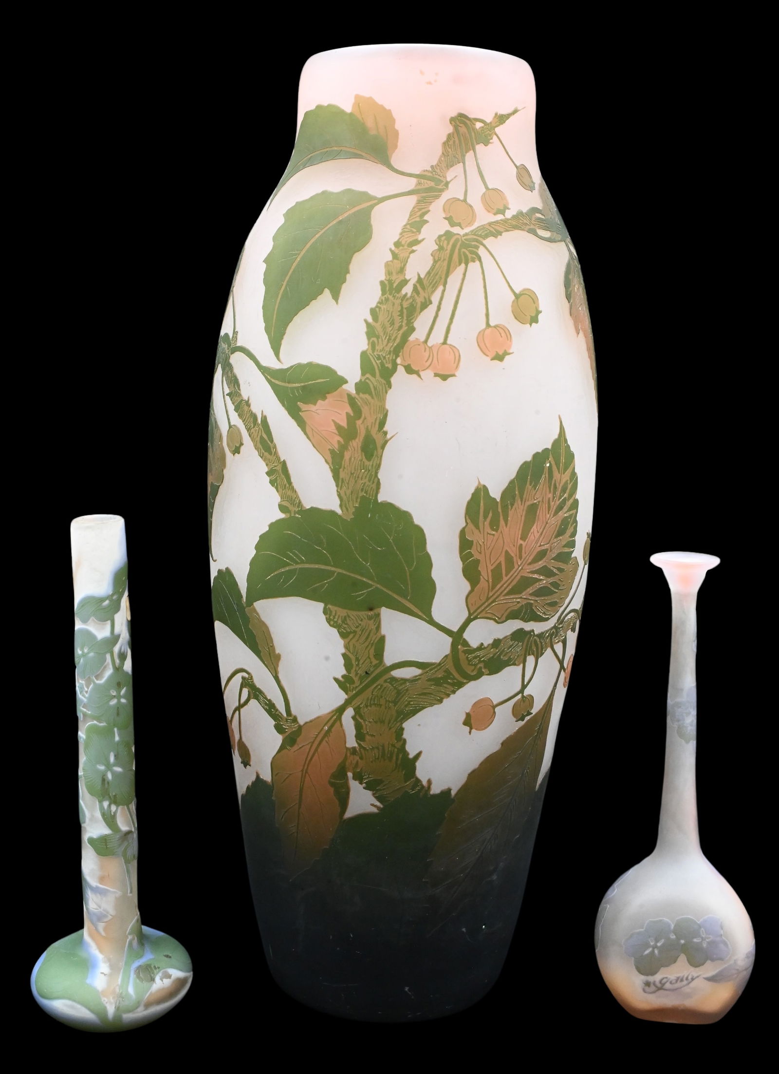 Two Galle Style Cameo Glass Bud Vases and One Large Arsall Cameo Glass Vase (1 of 8)