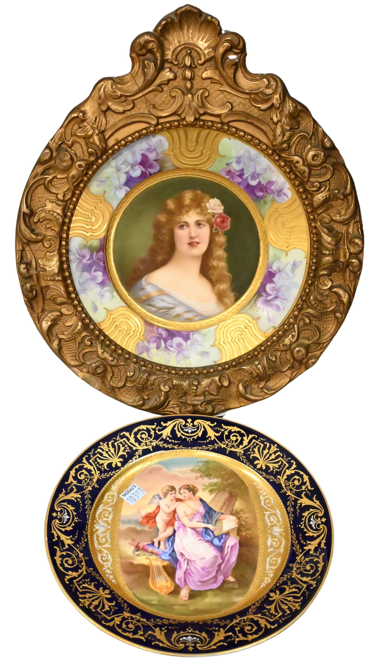Two Royal Vienna Porcelain Portrait Plaques: Two Royal Vienna Porcelain Portrait Plaques to include "Liebling" portrait of a blonde beauty with raised gilt border signed illegibly lower right in giltwood frame, "Kunst und Musik" art and music cl