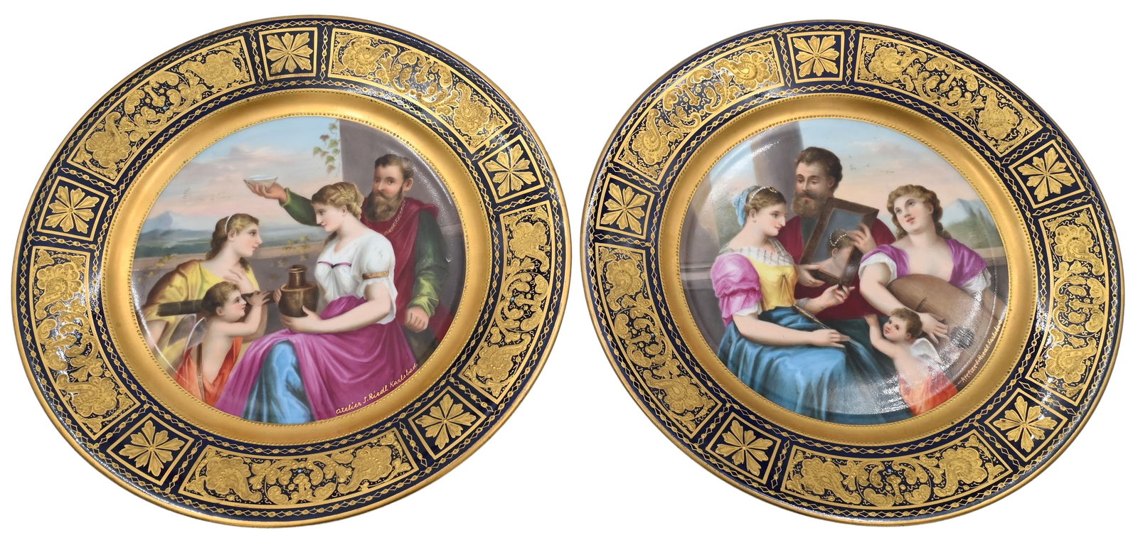 Pair of Royal Vienna Portrait Plates by Atelier J. Riedl Karlsbad: Pair of Royal Vienna Portrait Plates by Atelier J. Riedl Karlsbad one depicting a family of four with a cup and jug of wine, the other depicting the family with musical instruments and mirror diameter