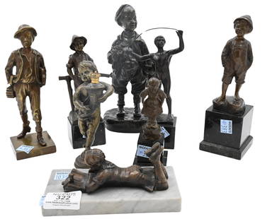 Eight Small Bronzes: Eight Small Bronzes to include putti with cornucopia, girl with slippers signed Hambuvger, Schmidt-Felling (German 1835-1920) German boy, Hans Keck (Austrian 1875-1941) The Fencer, boy with flowers si