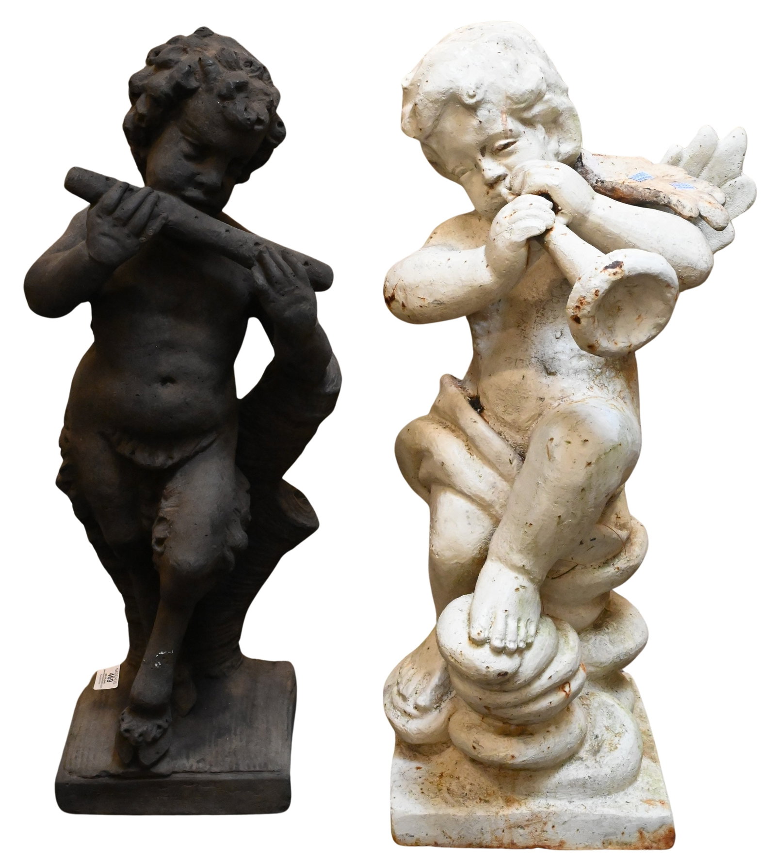 Two Outdoor Figures: Two Outdoor Figures to include one iron putti playing instrument along with a cement fawn playing a flute putti height 29 inches, fawn height 30 inches
