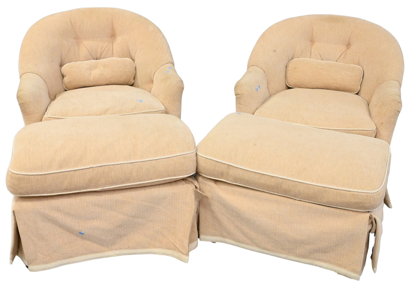 Pair of Upholstered Chair and Ottoman: Pair of Upholstered Chair and Ottoman slight soiling on end of arms height 32 inches, width 31 inches
