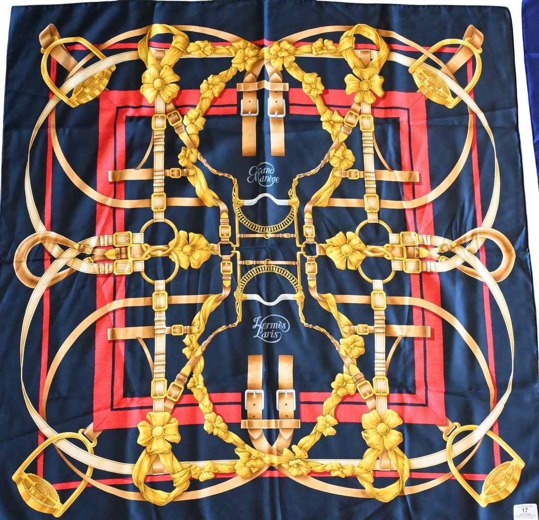 Hermes Paris "Grand Manege" Silk Scarf: Hermes Paris "Grand Manege" Silk Scarf in black, gold, and red, by Henri d'Origny 1990 35" x 35"