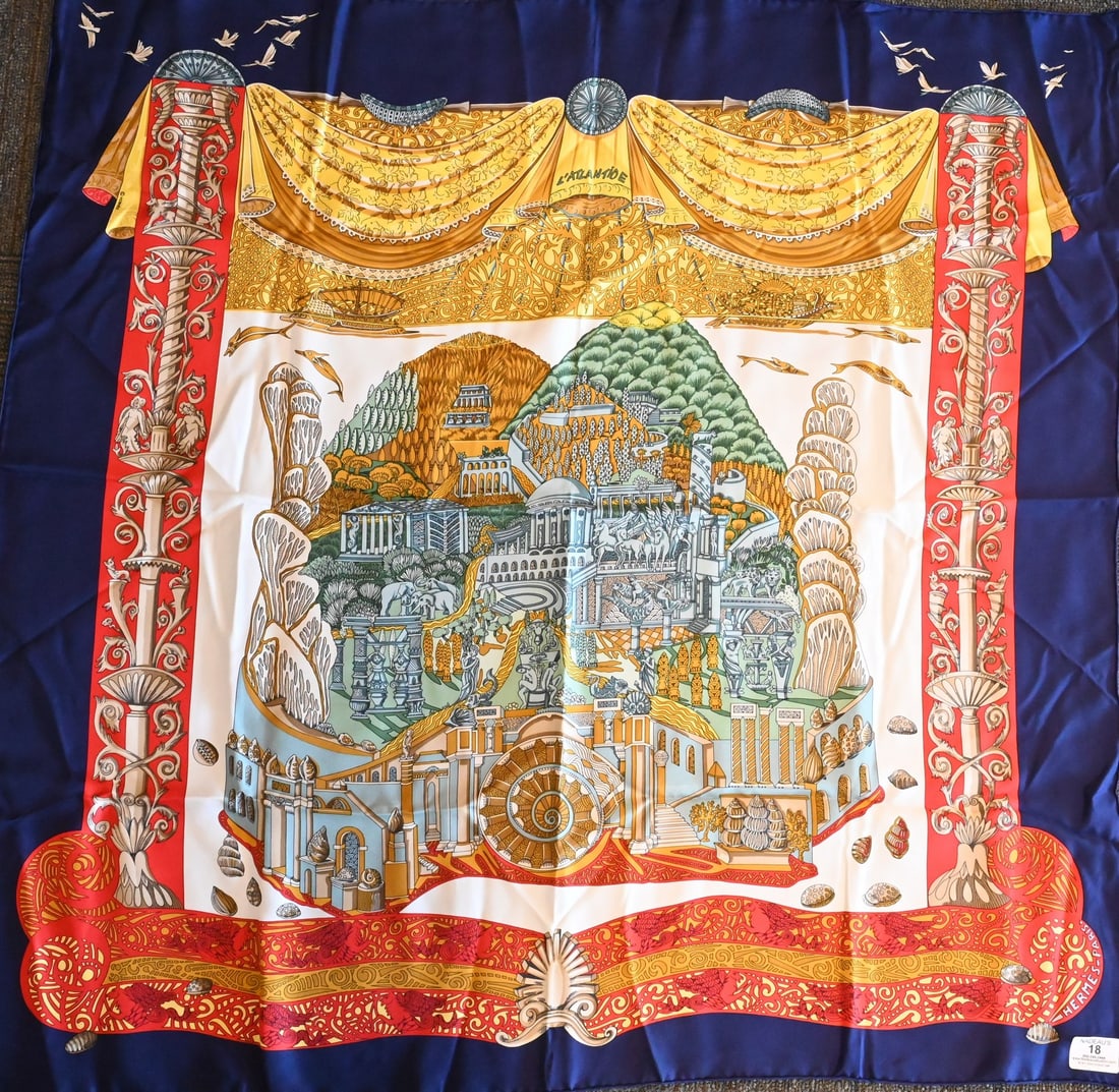 Hermes Paris "L'Atlantide" Silk Scarf: Hermes Paris "L'Atlantide" Silk Scarf in navy blue, red, turquoise, gold and white, by Annie Faivre 1995 35" x 35"