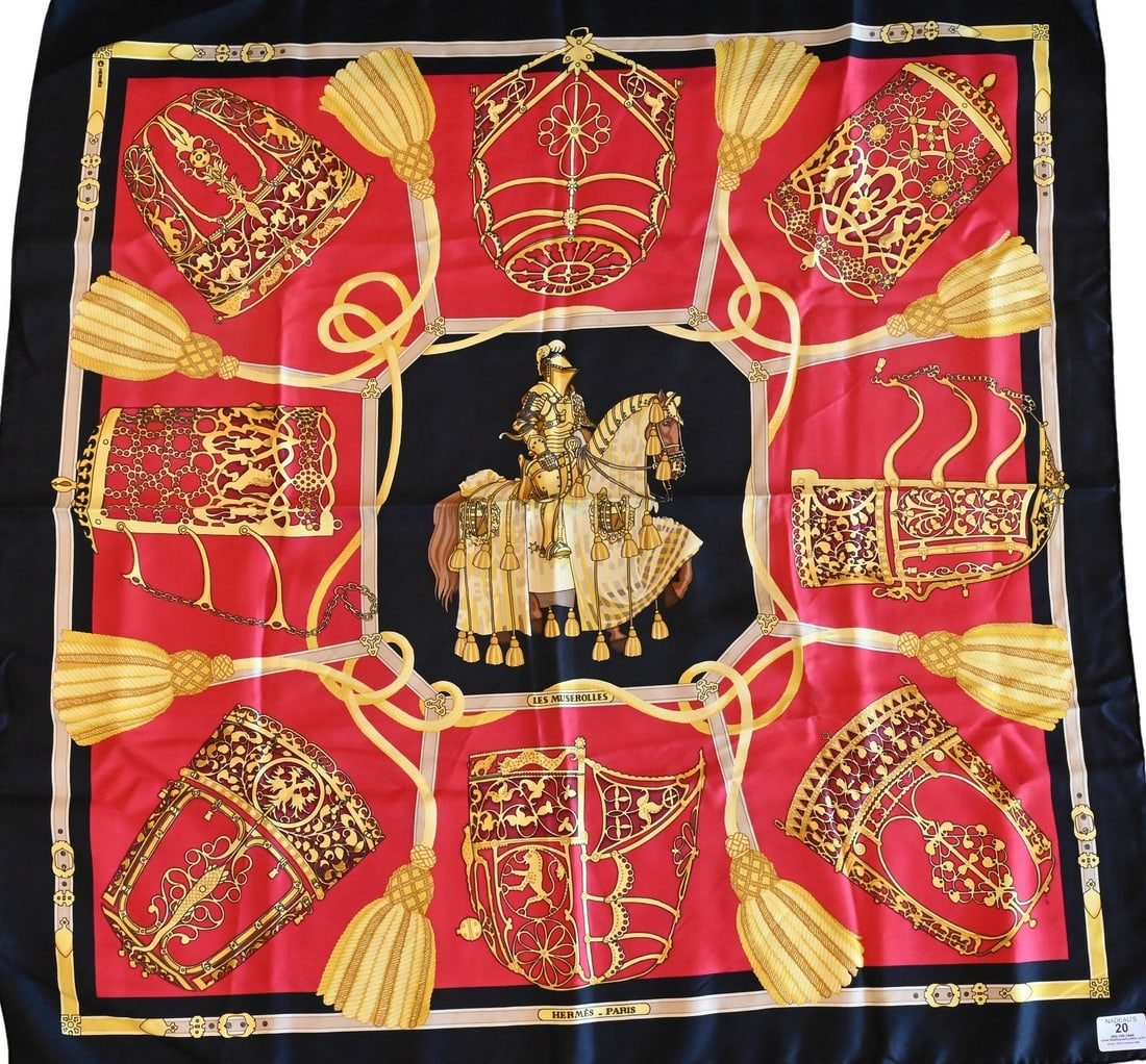 Hermes Paris "Les Muserolles" Silk Scarf: Hermes Paris "Les Muserolles" Silk Scarf in red, black, gold, by Christiane Vauzelles 1986 35" x 35"