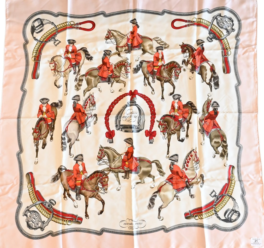 Hermes Paris "Reprise Silk Scarf: Hermes Paris "Reprise" Silk Scarf in pink, red, white, gray, by Philippe Ledoux 1970 35" x 35"