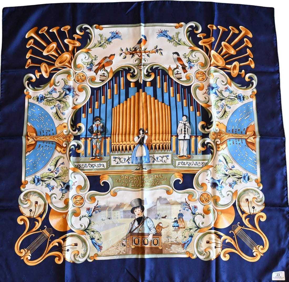 Hermes Paris "Orgauphone et Autres Mecaniques" Silk Scarf: Hermes Paris "Orgauphone et Autres Mecaniques" Silk Scarf in navy blue, sage green, gold, and white, by Francoise Faconnet 1996 36" x 36"