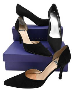Two Pairs of Stuart Weitzman Women's Shoes: Two Pairs of Stuart Weitzman Women's Shoes "Sunset" and "Clara", in black suede, deliso pumps, black silk, retails for $195 and $225, sizes 8 1/2, 9 Condition: barely worn in packaging