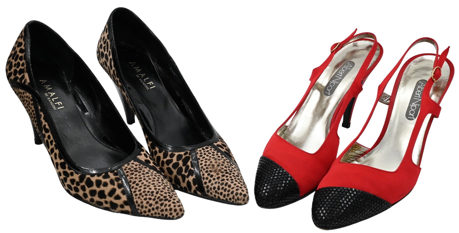 Two Pairs of Women's Shoes: Two Pairs of Women's Shoes to include Amalfi "Brita" in leopard print, Albert Nixon "Loretta" satin and black mesh, black sequin toes, retails for $132, sizes 8 1/2, 9 Condition: barely worn, both wit