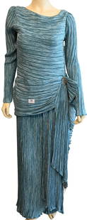Mary McFadden Couture Turquoise Full Length Ruched Evening Dress: Mary McFadden Couture Turquoise Full Length Ruched Evening Dress women's gold beaded gown, circa 1980's size 10 Condition: normal wear, overall good