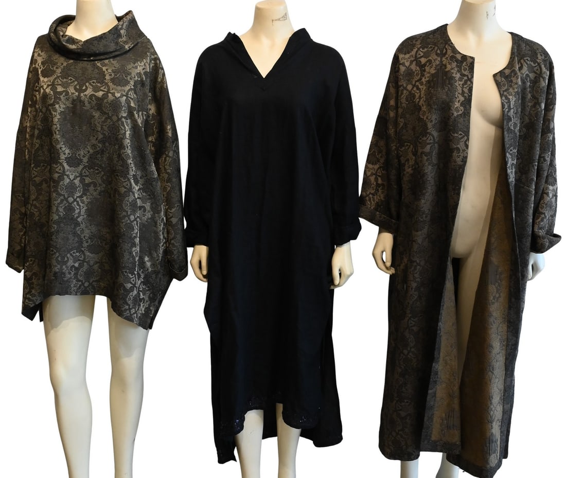 Three Women's Eskandar Clothing Sets: Three Women's Eskandar Clothing Sets to include one olive green embroidered turtleneck blouse and jacket, one black dress, silk jacket and black dress, each piece retails for about $800-$1000 sizes 0,