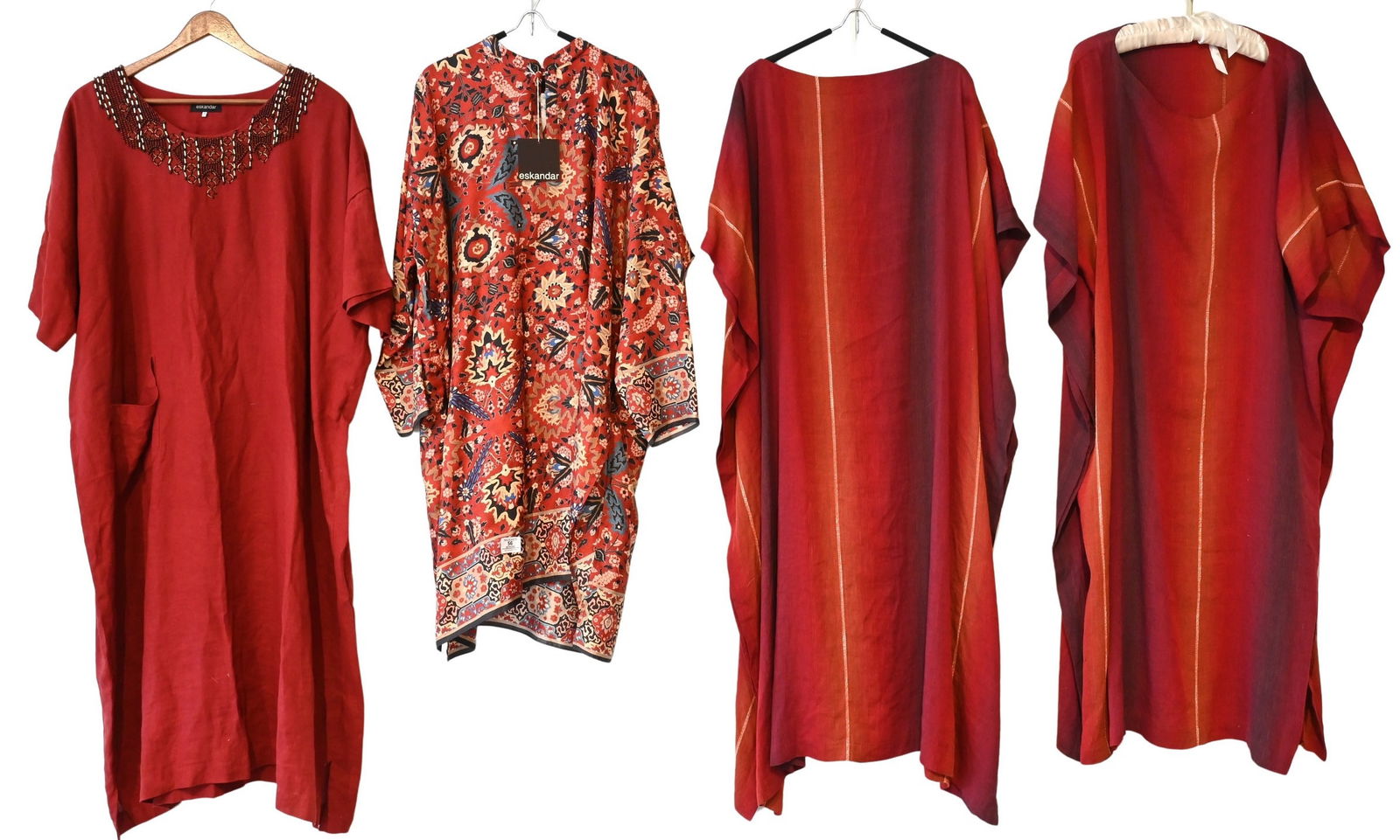 Four Women's Eskander Red Linen Dresses: Four Women's Eskander Red Linen Dresses tunic/ cover dress, one silk "Mughal Garden" with tags, each piece retails for about $800-$1000 size 0 Condition: good condition, normal wear